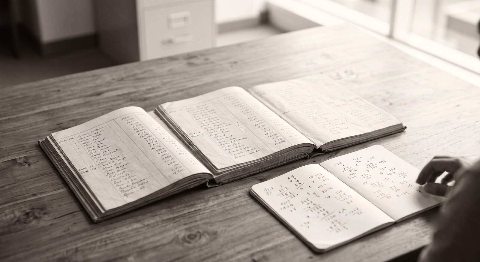 Three open ledger books side by side on a wooden table, their handwritten columns not lining up.